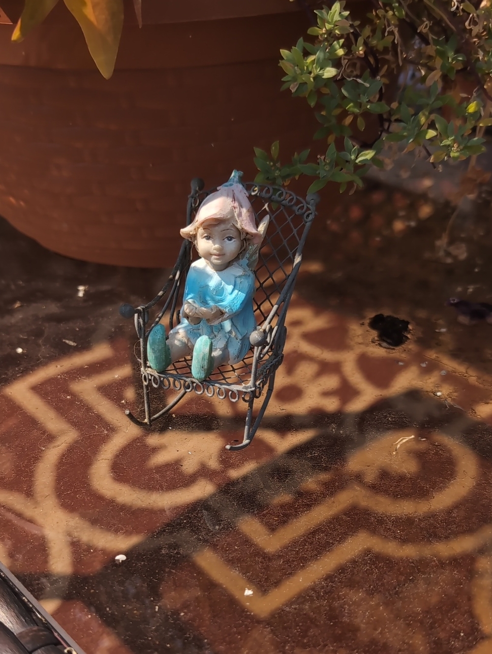 Blue Garden Elf Figurine on Metal Chair - Decorative Home Accent